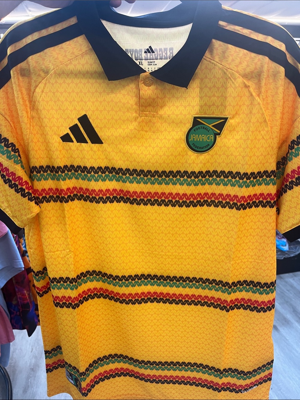 Yellow Jamaica Football Jersey Polo with Black Collar and Multicolor Stripes